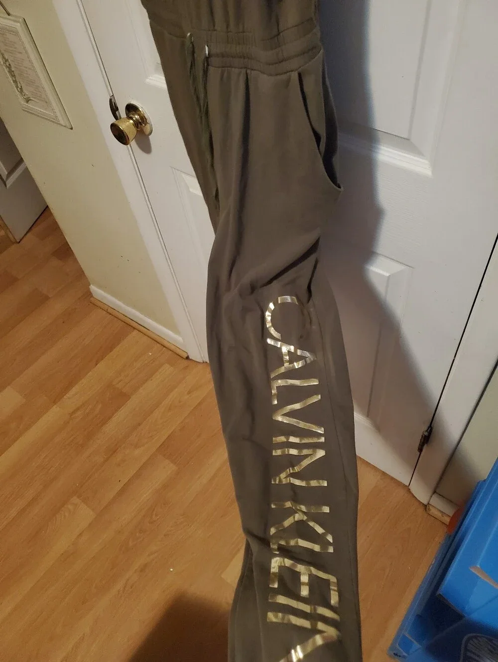 Calvin Klein Olive Sleeveless V-Neck Jumpsuit with Drawstring Waist